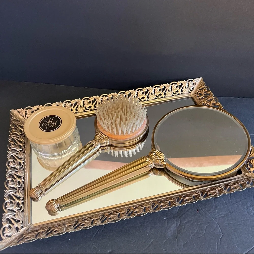 Hollywood Regency Gold Ton Filigree Vanity Set of 6 Boudoir Decor